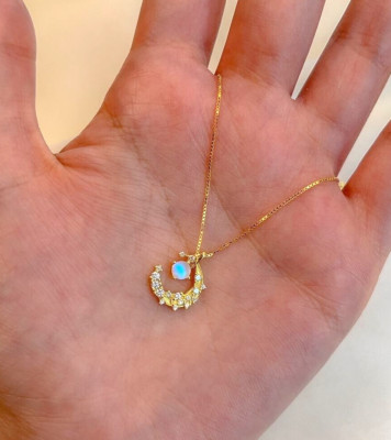  Queen of the Night  Opal Crescent Moon 18k Gold Plated Necklace