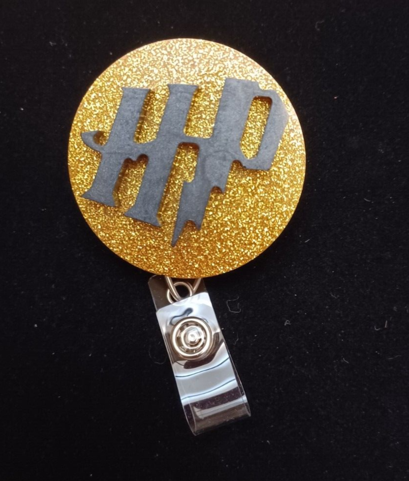 Black Retractable Badge Reel Alligator Clip Harry Potter HP Gold Glitter