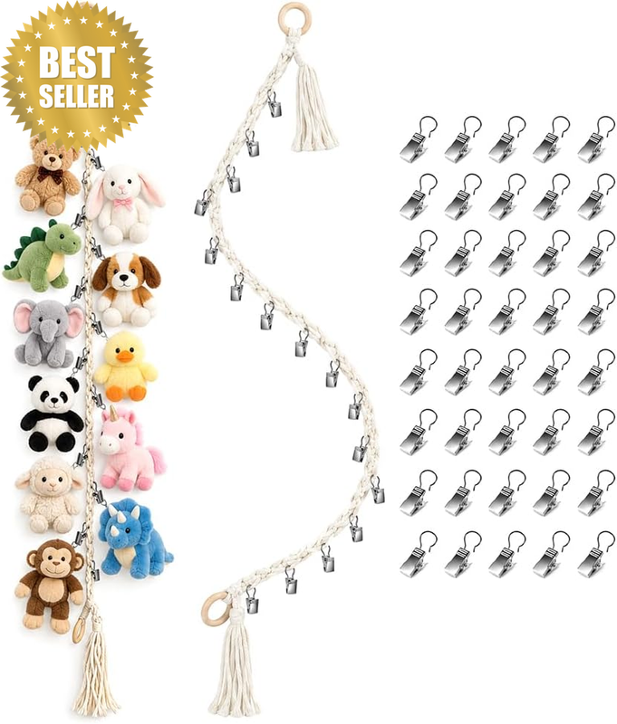 2 Pack Wall Mount Plush Toy Display Storage Chainwith 40 Metal Clips