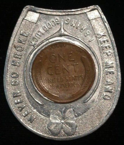 1920 ENCASED WHEAT CENT HORSESHOE GOOD LUCK TOKEN COIN MEDAL HORSE SHOE PENNY
