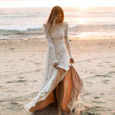 Boho Wedding Dress Side Slit Long Sleeves Backless Lace Beach Bridal Gowns Train
