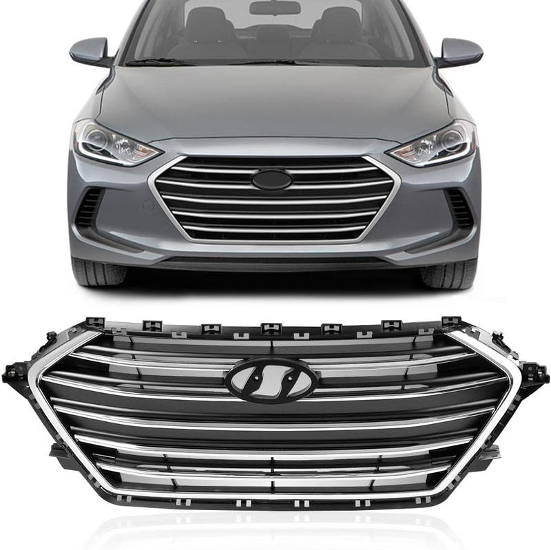 Front Upper Bumper Chrome Black Trim Grille Grill for 2017-2018 Hyundai Elantra