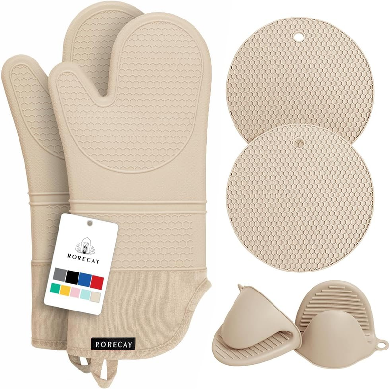 Oven Mitts and Pot Holders Sets 6pcs, Extra Long Kitchen Silicone Oven Gloves Hi