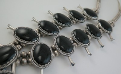 Rare HUGE 286 Gram Sterling Silver & Black Onyx Quality Squash Blossom Necklace