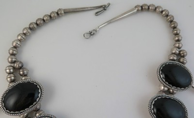 Rare HUGE 286 Gram Sterling Silver & Black Onyx Quality Squash Blossom Necklace