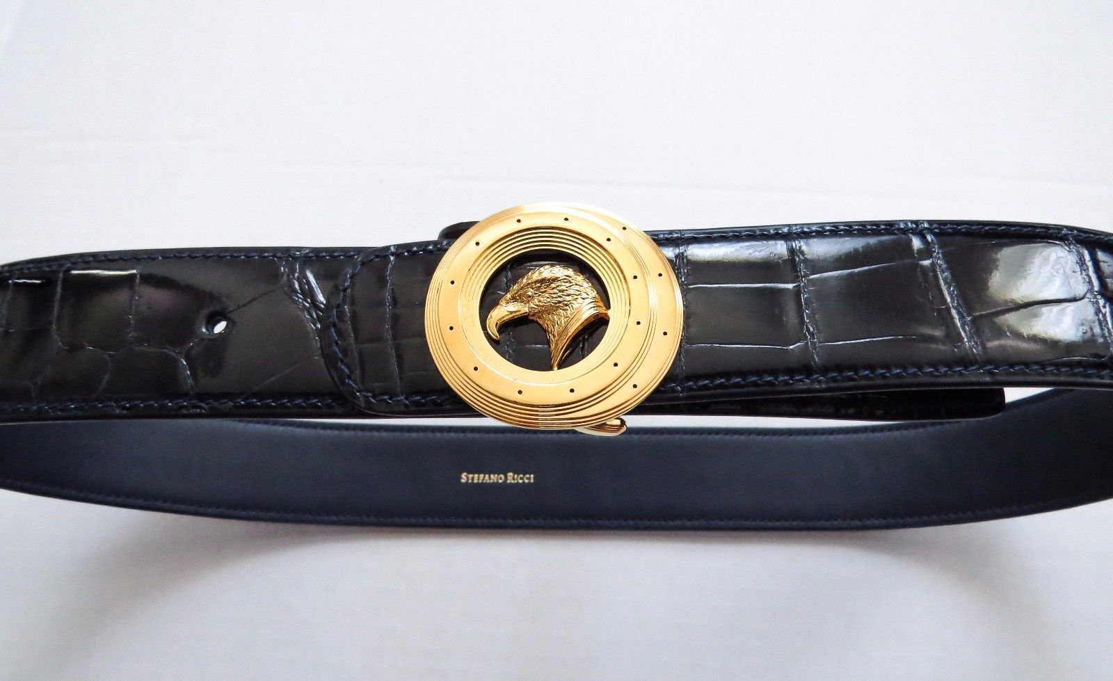 Pre-owned Stefano Ricci Blue Crocodile Leather With Eagle Gold Buckle Belt 34 Us 85 Cm