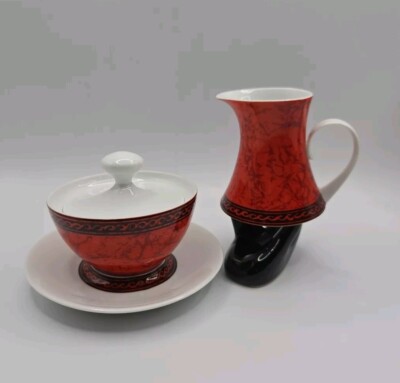 Block Bidasoa Creamer/Lidded Sugar Bowl/Under Plate   4pc Set   Flamenco   Spain