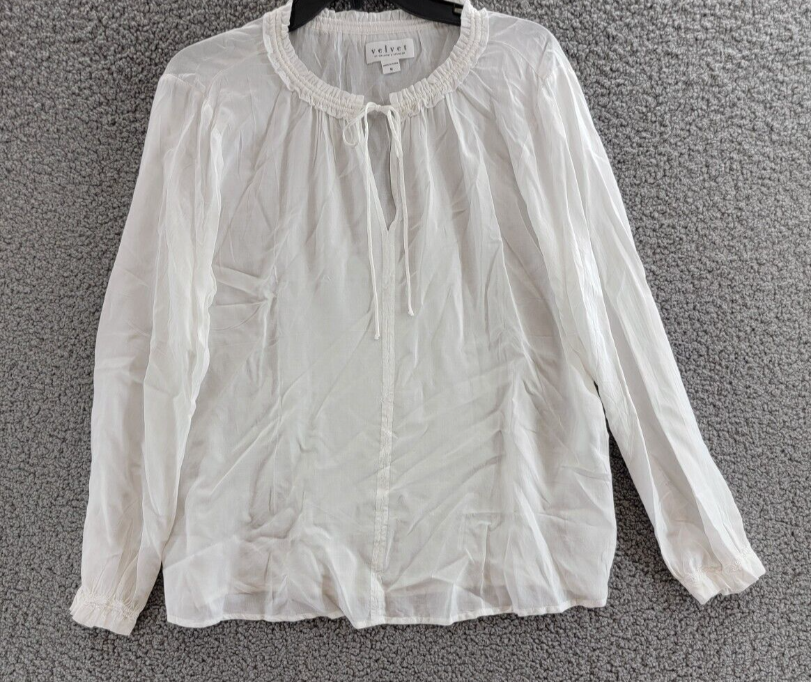 Velvet By Graham & Spencer V-Neck Top Women's M White Split Neck Long Sleeve - Picture 2 of 16