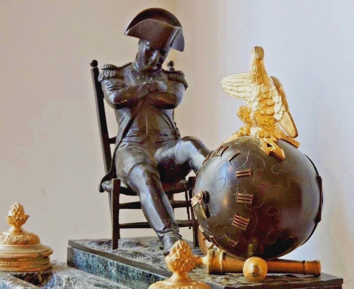 Napoleon At The Watch  Antique 19th Century Bronze Desk  Clock and Inkwell