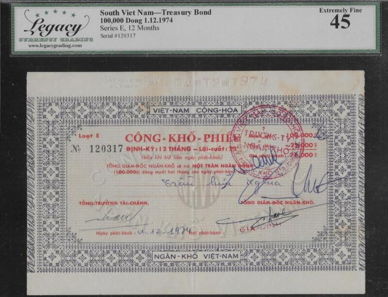 South Vietnam Treasury Bond 100,000 Dong Series E 01.12.1974 LCG 45