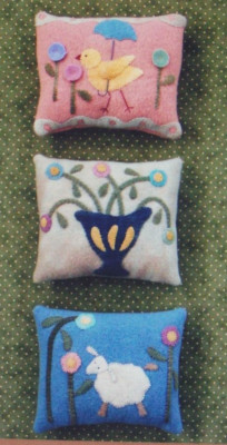 3 Spring Sheep Chick  Pincushions PRIMITIVE Wool Embroidery  Pattern Penny Rugs