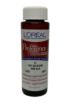 LOREAL PREFERENCE Permanent Hair Color Liquid Light Ash Blonde 9.1 Blue Base 2Oz