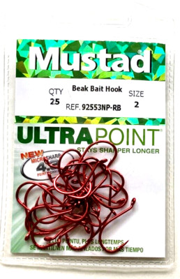 25 Mustad 92553NP-RB Ultra Point Size 2 Octopus Beak Bait Hooks Red