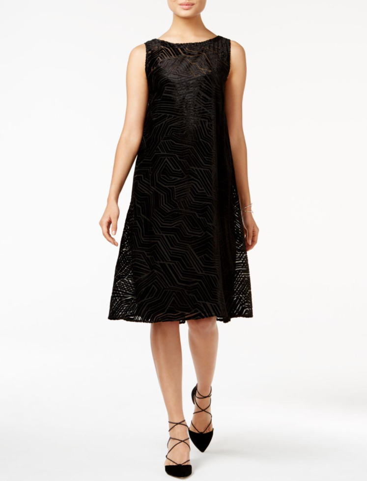 ALFANI Velvet Burnout A-Line Fit & Flare Sleeveless Dress Black Optic Dimension