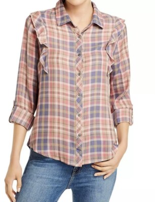 CLOSE OUT NWT Billy T Plaid Ruffled Blouse  Top Shirt Size XL Roll Tab