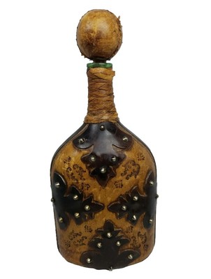 Vtg Leather Covered Liquor Decanter Bottle Gothic Studded Stopper Glass Italy