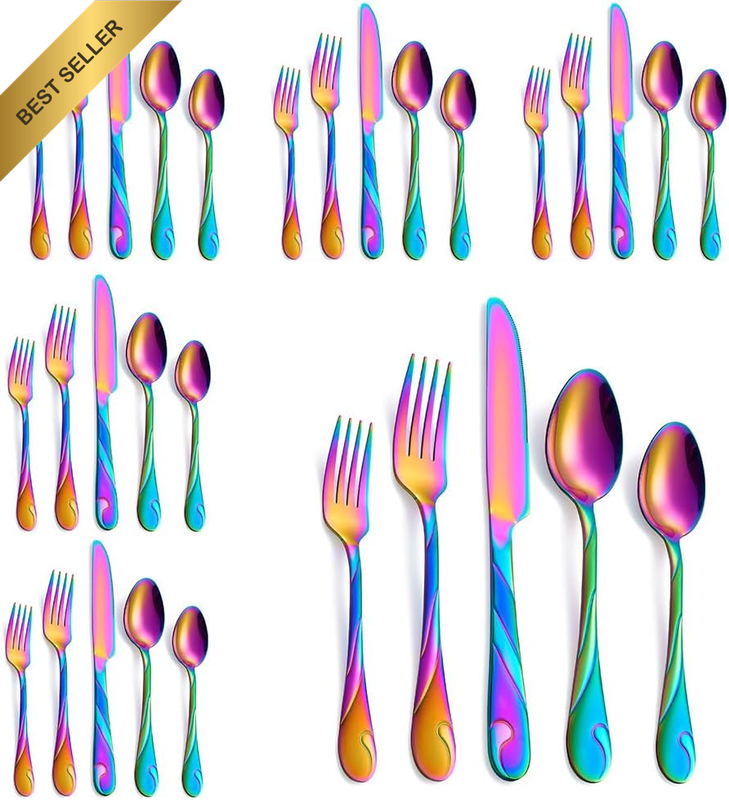 Rainbow Silverware Set for 6, 30-Piece Stainless Steel Flatware Set, Shiny Rainb