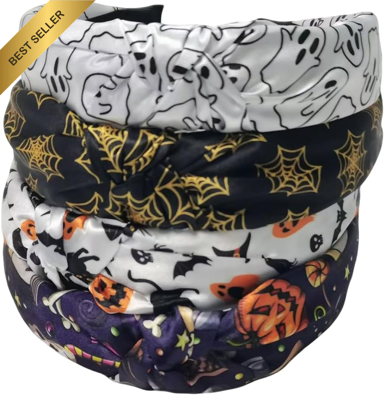 4 Pack Halloween Knotted Headbands Ghost Spider Pumpkin Witch Fabric