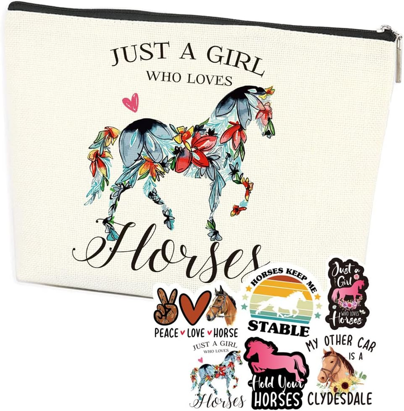 Horses Gifts Girls Horse Cosmetic Bag and 5 Piece Stickers Just a Horses-Loving