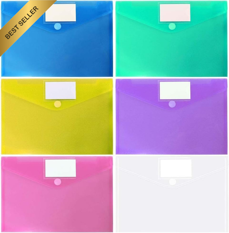 A4 Waterproof File Envelopes with Label Pocket and Snap Closure, 6Pcs Plastic Do