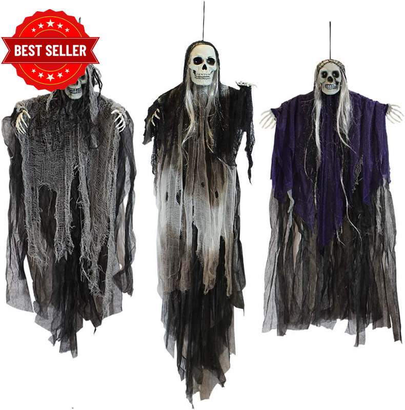 3 Pack Hanging Halloween Skeleton Ghosts Decorations, Grim Reapers for Best Hall