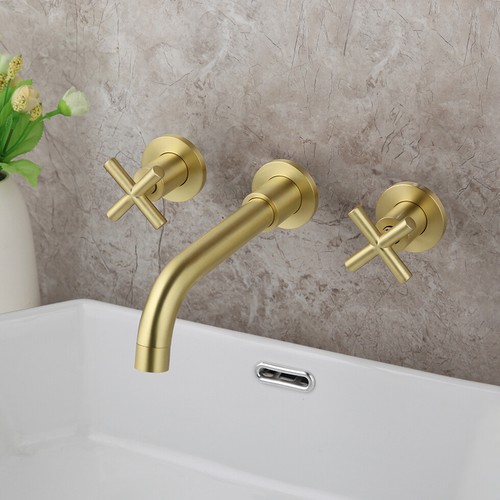 Wall Mount Brushed Gold Bathroom Basin Sink Mixer Faucet Dual Handles