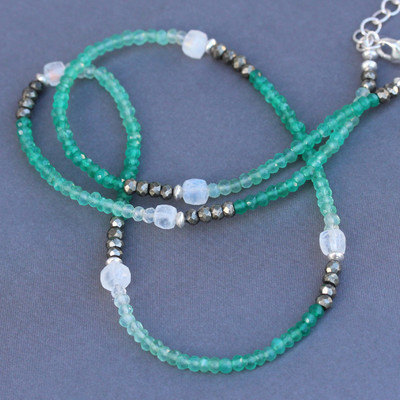 U&C Sundance Green Onyx, Moonstone Cubes, Pyrite Sterling Silver Dainty Necklace