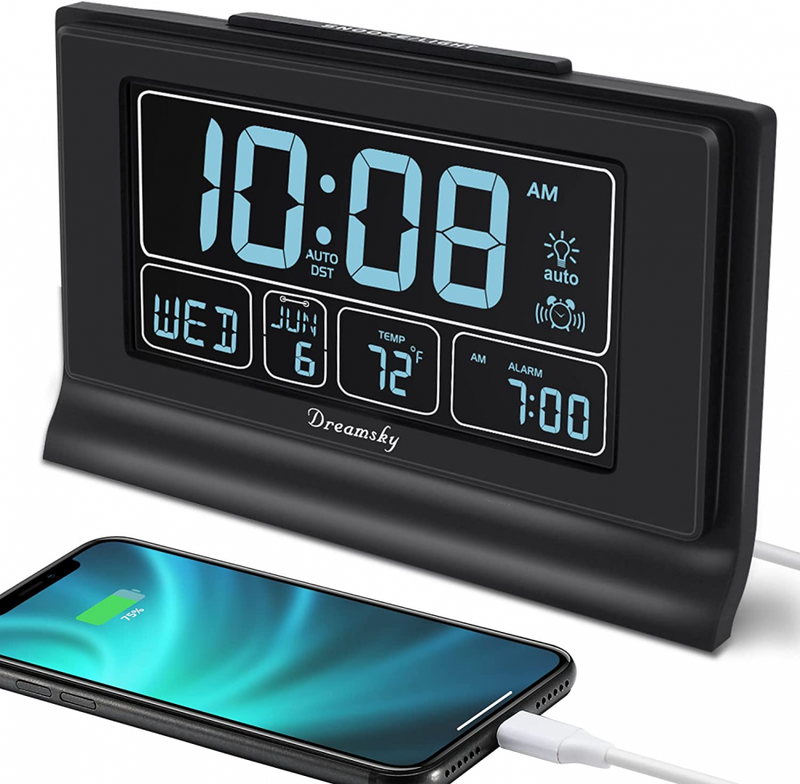 DreamSky Auto Set Digital Alarm Clock Backup Battery with USB Charging Black