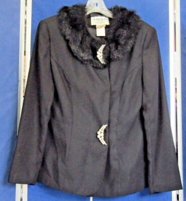 EUC Stunning EVENING JACKET by St ANTHONY Black w. Removeable Faux FUR Collar 10