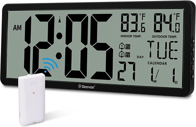 14.3'' Large Atomic Clock with Indoor/Outdoor Temp, Digital Wall Clock, Battery