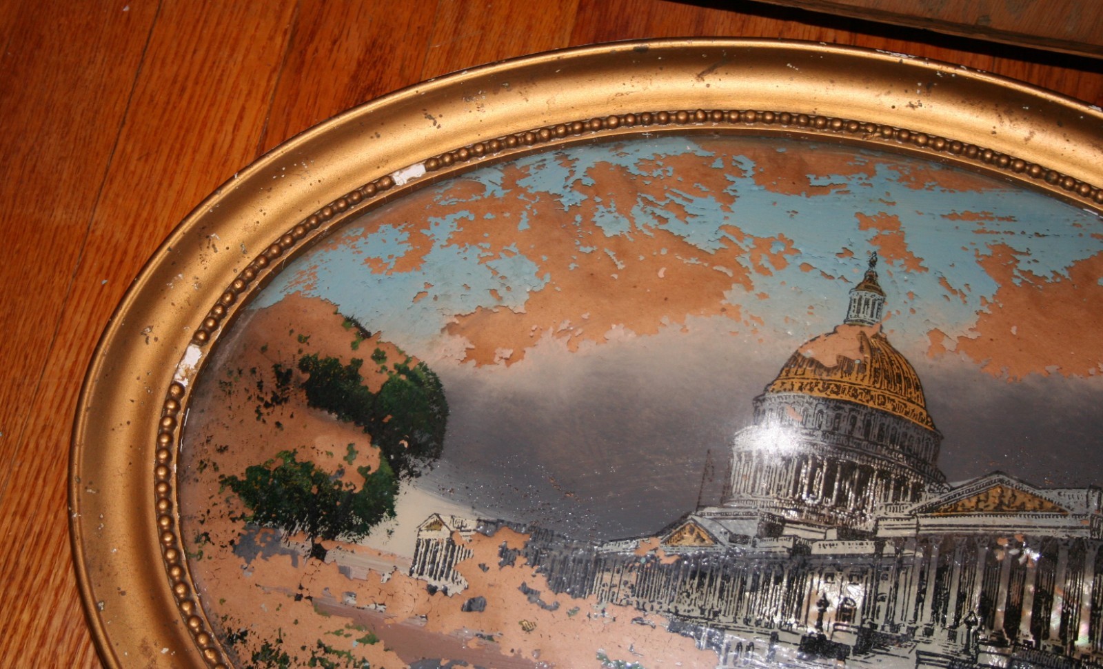 Antique Reverse Painting Convex Glass Frame 22x16 AS IS