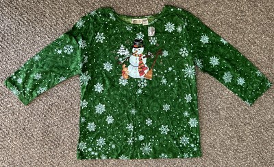 Vintage Collections etc Womens Large Christmas Green Snowmen Sequin Blouse Shirt