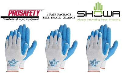 3- ATLAS 300 BLUE RUBBER Palm Coated General Purpose PROTECTIVE WORK GLOVES S-2X