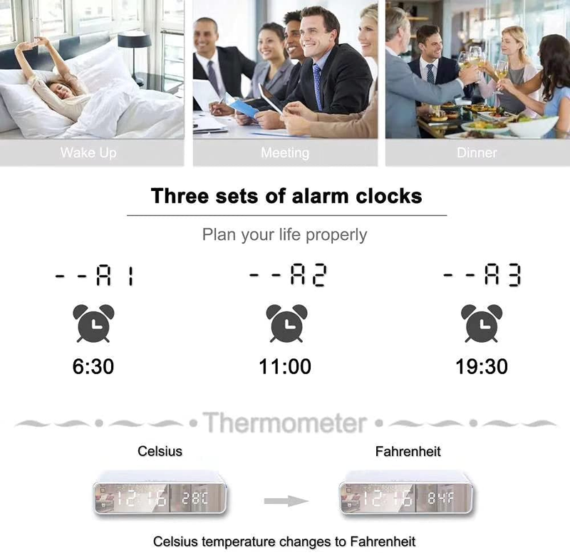 LED Smart Digital Alarm Clock with Wireless Charger, Thermometer and Time, Qi-Ce