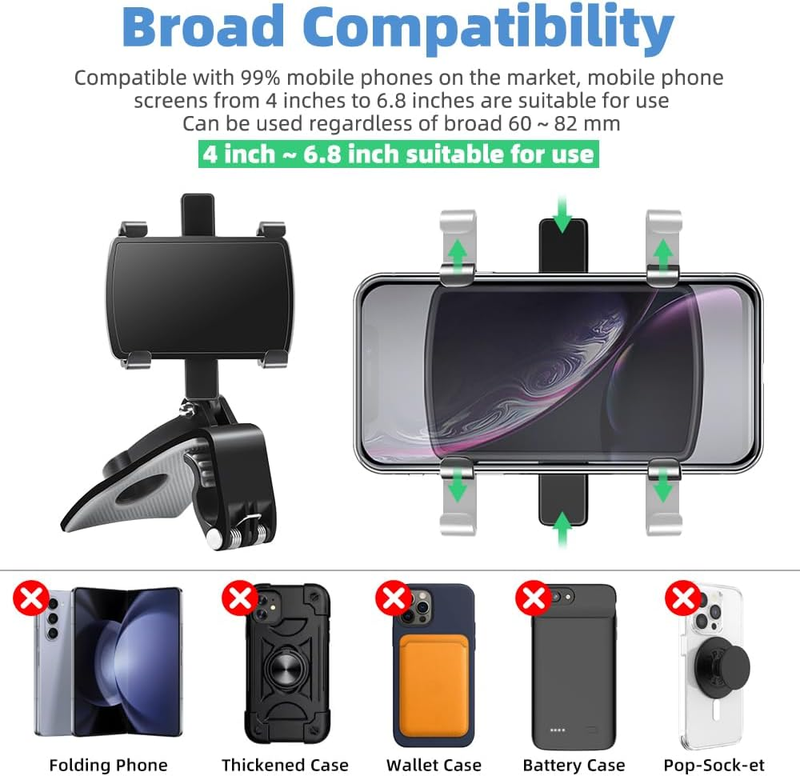 Car Phone Mount, 360 Degree Rotation Dashboard Clip Mount, Compatible with iPhon