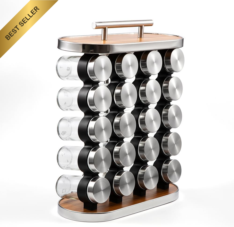 Bamboo Rotating Spice Rack Organizer with 20 Glass Spice Jars, Equipped with a S