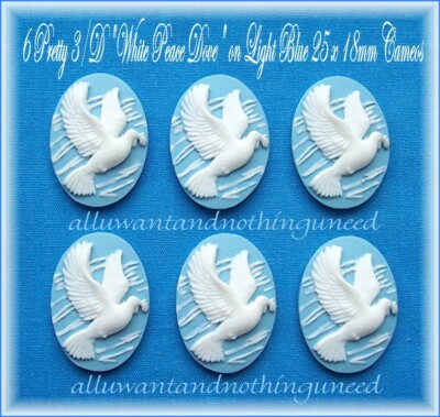 6 CHRISTIAN White on Baby Blue PEACE DOVE 25mm x 18mm Costume Jewelry CAMEOS 