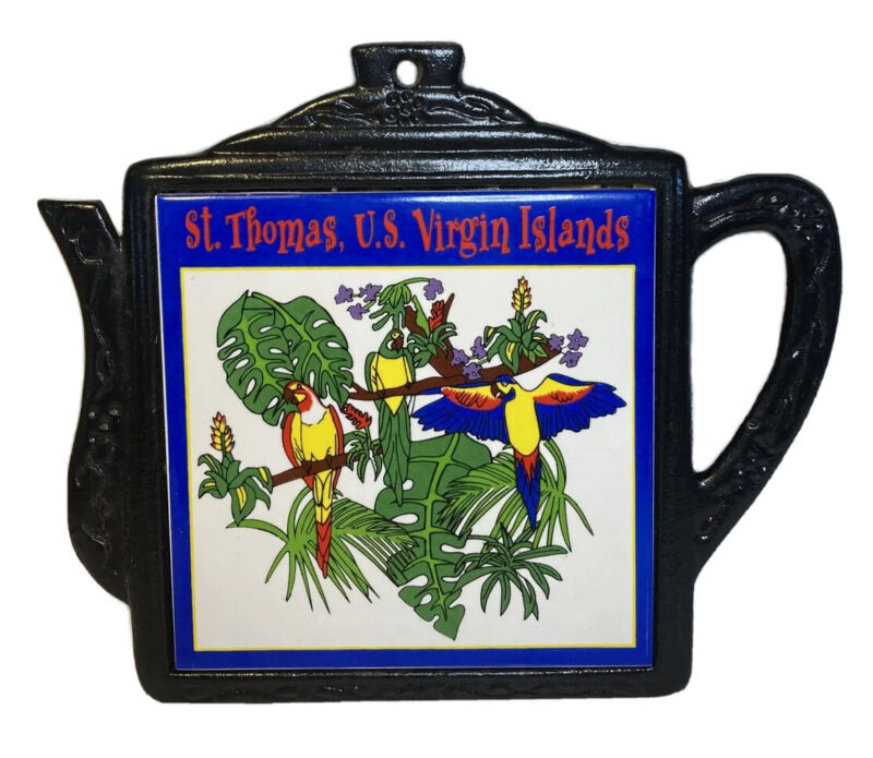 St Thomas US Virgin Islands Macaw Trivet Hot Plate 5.875 In Metal Kettle Tile