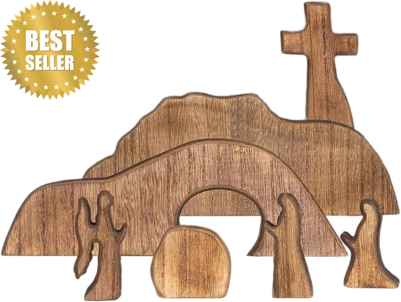 Wooden Easter Resurrection Scene Set,Empty Tomb & Cross Decor,Handcrafted Christ