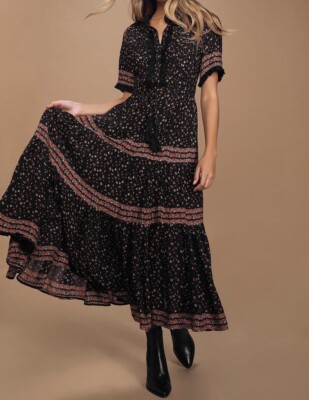 Free People Rare Feelings Midi Maxi Dress Black Tiered Floral Print Boho XS