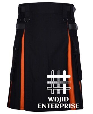Black With Orange Cotton Hybrid Utility Kilt Custom Size Handmade Men Kilts