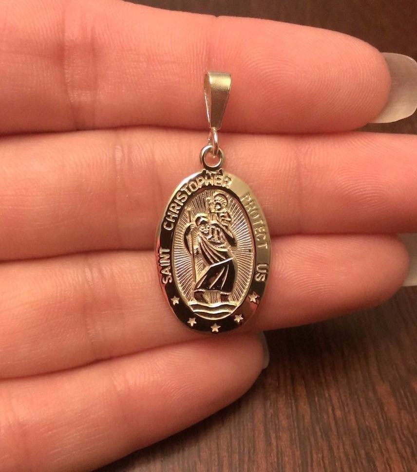 10K SOLID YELLOW GOLD SAINT ST CHRISTOPHER MEDAL CHARM OVAL PENDANT 1.4" INCH eBay