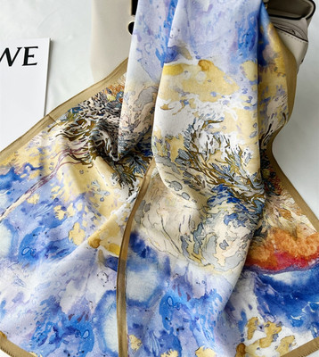100%mulberry silk double crepe blue orchid air printed long scarf shawl 145*35cm
