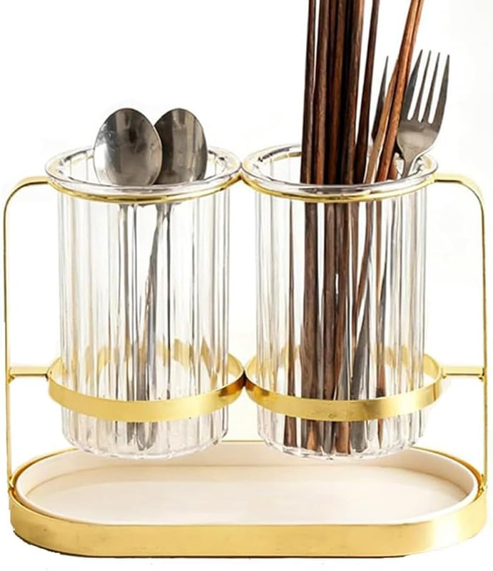 Gold Utensil Holder, Divided Cutlery Storage with 2 Cups & Drain Pan, Cutlery Ca