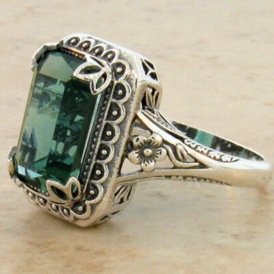 ART NOUVEAU STYLE 925 STERLING SILVER SOLITAIRE SIMULATED EMERALD RING      891X