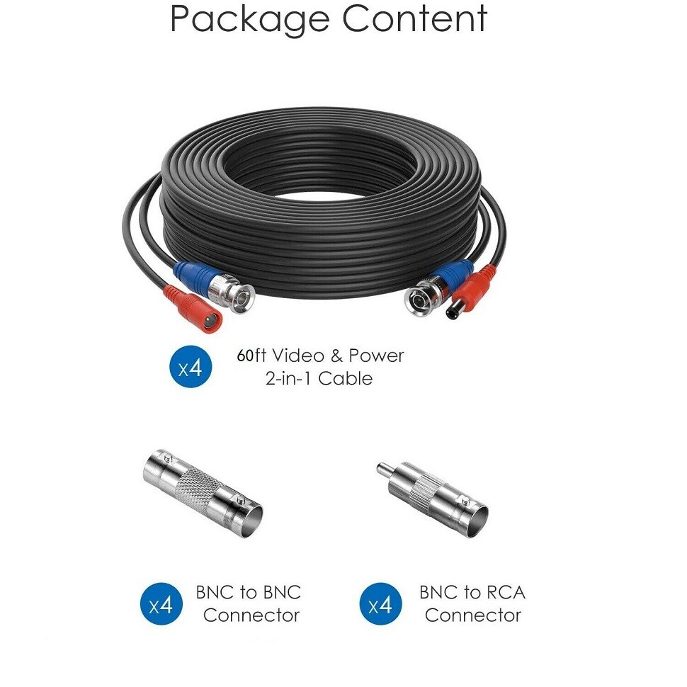 ZOSI 4x 60FT CCTV Camera Cable 20m BNC Extension Lead Security Video