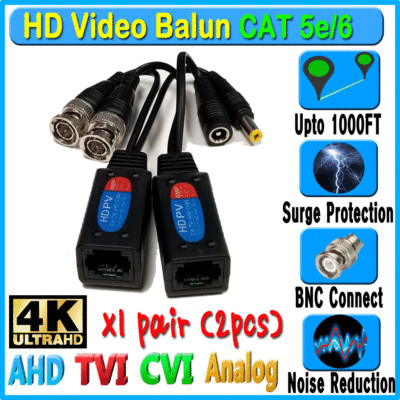 HD Balun pair 2pcs CCTV BNC Video Power CAT5e 6 Surge Protect 1080P 720P 5mp 8MP