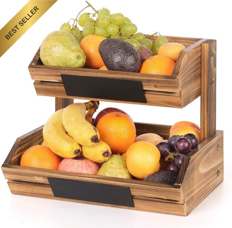 2 Tier Wooden Fruit Basket, Kitchen Counter Organizer, Fruit Serving Tray, Veget