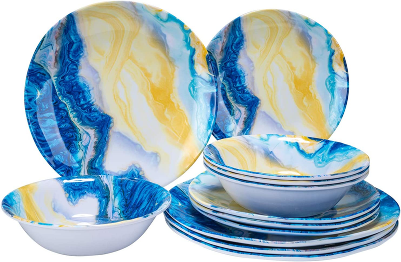 Melamine Dinnerware Set 12 Pcs - Dish Dishware Durable Outdoor Plastic Plates Bo