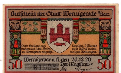 Germany,Notgeld Wernigerode Stadt, 50 Pfennig Note, village, 1920 (X240)